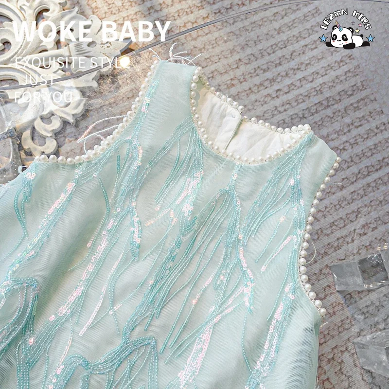 LEZONKIDS - Customizable Hot Selling Mesh Embroidery Tassel Children Clothes Pearl Tank Top Super Fairy Sequin Girls Dress